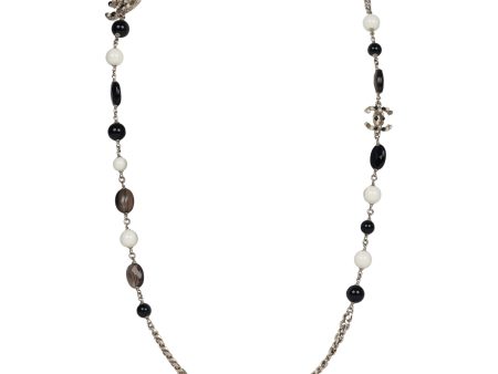 Chanel CC Long Beaded Necklace White Black Grey Light Gold Hardware Online now