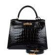 Hermes Kelly Sellier 28 Black Shiny Alligator Gold Hardware Fashion