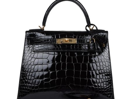 Hermes Kelly Sellier 28 Black Shiny Alligator Gold Hardware Fashion