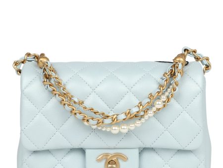 Chanel Mini Square Pearl Flap Bag Light Blue Iridescent Lambskin Brushed Gold Hardware Hot on Sale