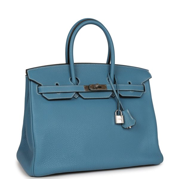 Pre-owned Hermes Birkin 35 Blue Jean Clemence Palladium Hardware Sale