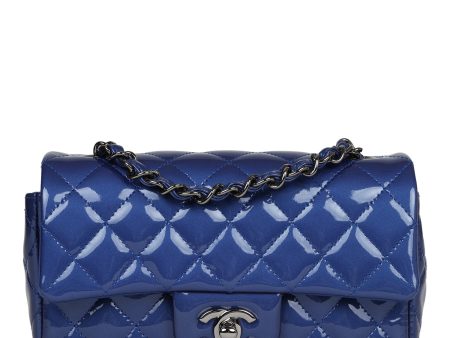 Pre-owned Chanel Mini Rectangular Flap Bag Blue Patent Ruthenium Hardware For Cheap