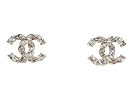 Chanel Twisted CC Light Pink and White Crystal and Pearl Earrings Gold Metal Hardware Online