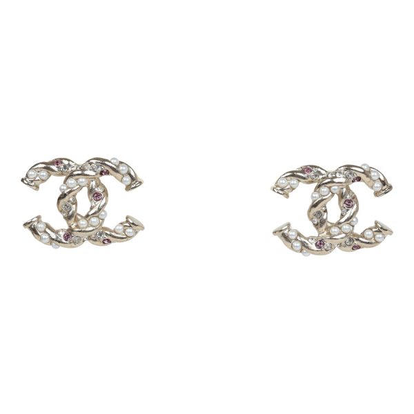 Chanel Twisted CC Light Pink and White Crystal and Pearl Earrings Gold Metal Hardware Online