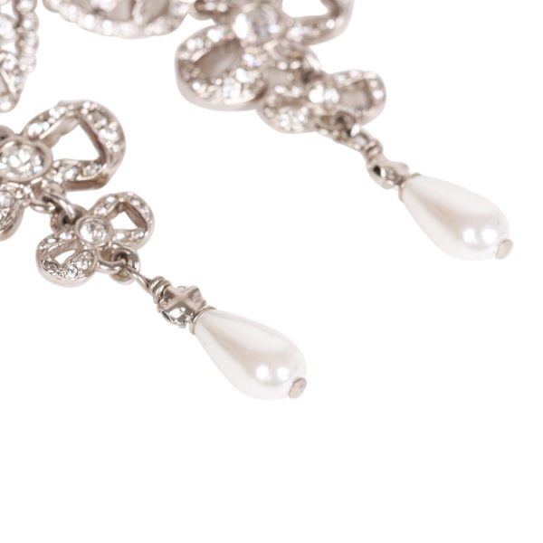 Chanel Silver Crystal and Pearl Pendant Drop Earrings For Cheap