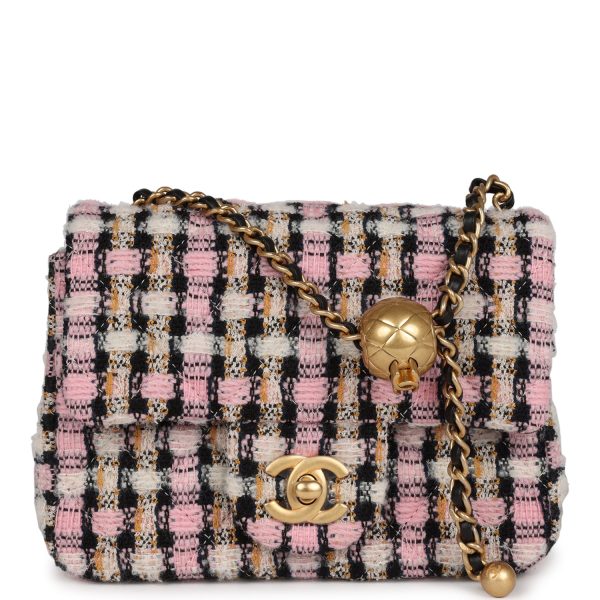 Chanel Pearl Crush Mini Square Flap Bag Pink and Black Tweed Antique Gold Hardware Supply