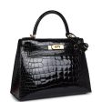 Hermes Kelly Sellier 28 Black Shiny Alligator Gold Hardware Fashion