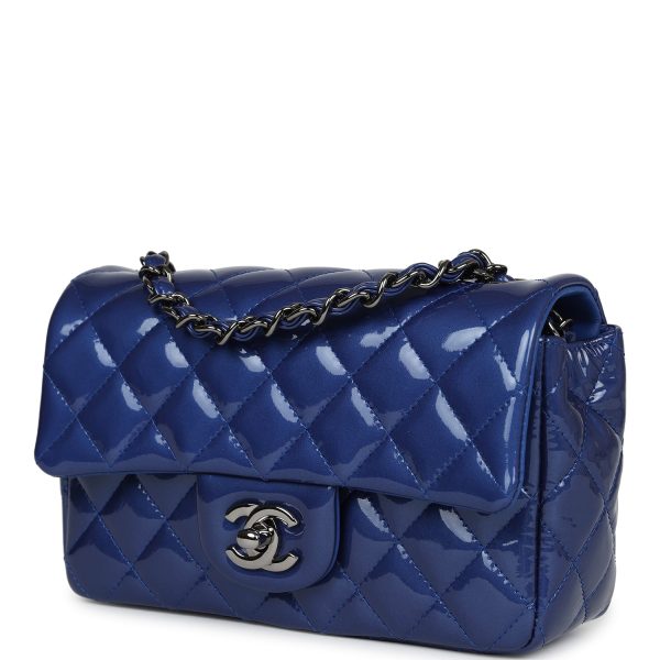 Pre-owned Chanel Mini Rectangular Flap Bag Blue Patent Ruthenium Hardware For Cheap