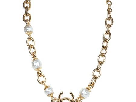 Chanel CC Gold Tone Metal Pearl Necklace Gold Hardware For Discount