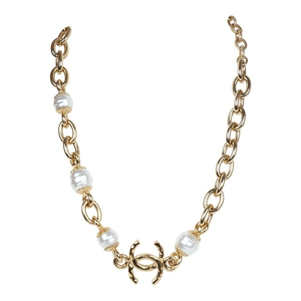 Chanel CC Gold Tone Metal Pearl Necklace Gold Hardware For Discount