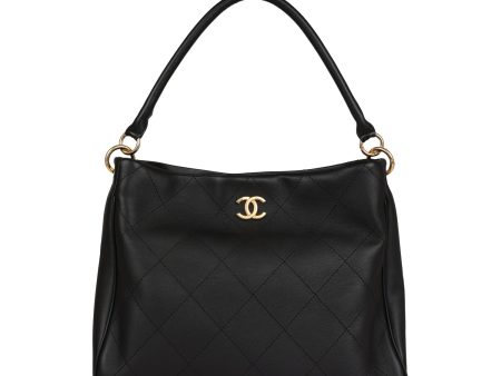 Chanel Quilted Hobo Shoulder Bag Black Calfskin Brushed Gold Hardware Hot on Sale