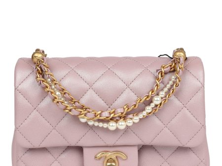 Chanel Mini Square Pearl Flap Bag Light Pink Iridescent Lambskin Brushed Gold Hardware Sale