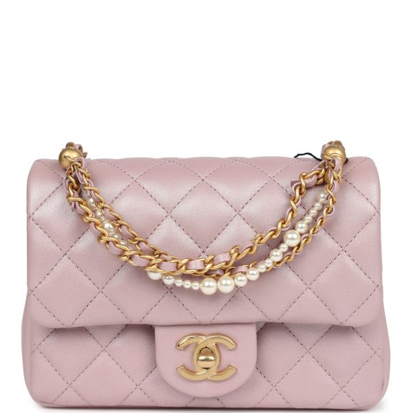 Chanel Mini Square Pearl Flap Bag Light Pink Iridescent Lambskin Brushed Gold Hardware Sale