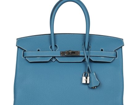 Pre-owned Hermes Birkin 35 Blue Jean Clemence Palladium Hardware Sale