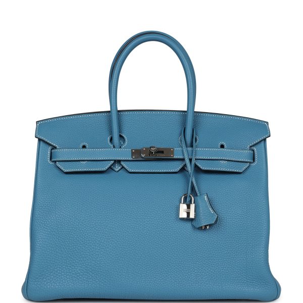 Pre-owned Hermes Birkin 35 Blue Jean Clemence Palladium Hardware Sale