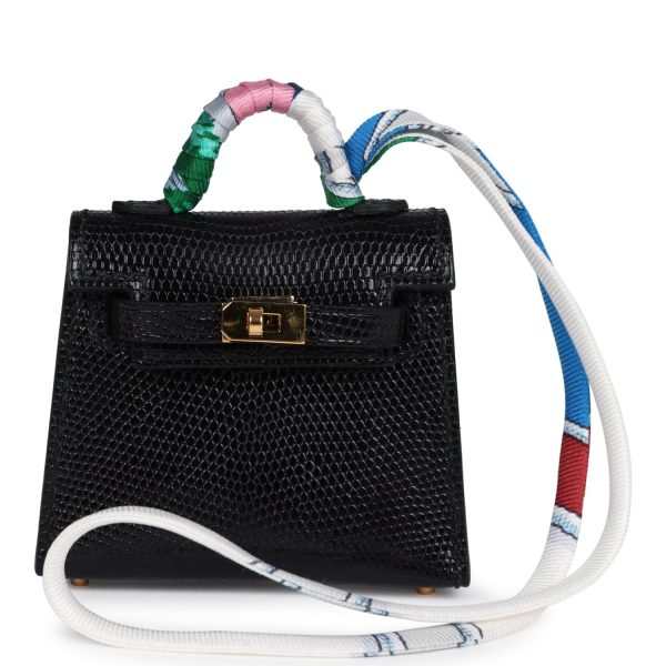 Hermes Mini Kelly Twilly Bag Charm Black Shiny Niloticus Lizard Gold Hardware Hot on Sale