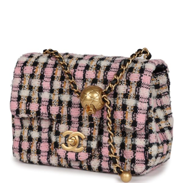 Chanel Pearl Crush Mini Square Flap Bag Pink and Black Tweed Antique Gold Hardware Supply