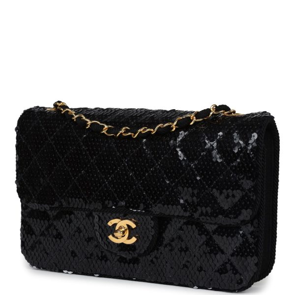 Vintage Chanel Small Flap Bag Black Sequin Gold Hardware on Sale