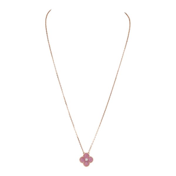 Van Cleef & Arpels 2021 Holiday Vintage Alhambra Rhodonite Pendant Necklace Rose Gold Hardware Online