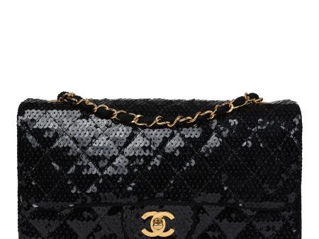 Vintage Chanel Small Flap Bag Black Sequin Gold Hardware on Sale