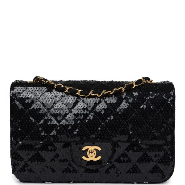 Vintage Chanel Small Flap Bag Black Sequin Gold Hardware on Sale