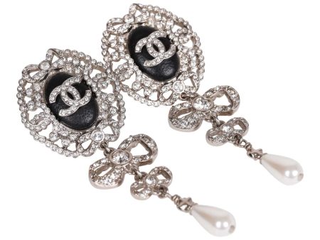 Chanel Silver Crystal and Pearl Pendant Drop Earrings For Cheap