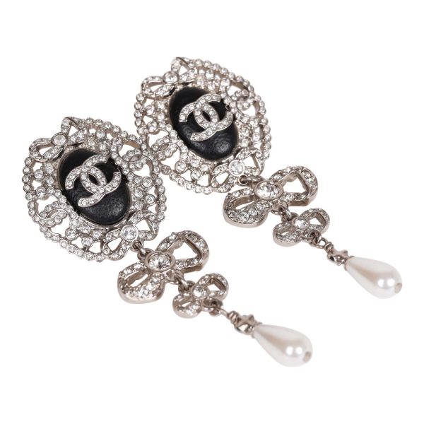 Chanel Silver Crystal and Pearl Pendant Drop Earrings For Cheap