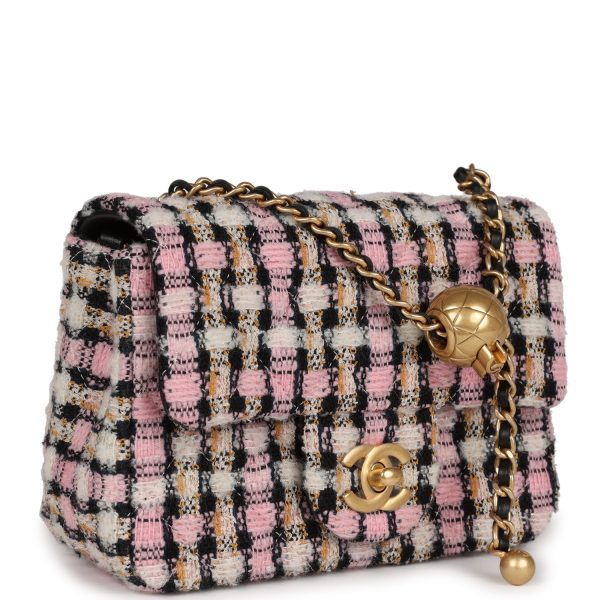 Chanel Pearl Crush Mini Square Flap Bag Pink and Black Tweed Antique Gold Hardware Supply