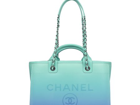 Chanel Small Deauville Shopping Tote Blue and Green Ombre Calfskin Silver Hardware Hot on Sale