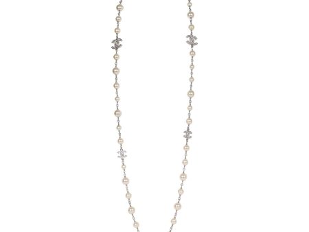 Chanel Silver Metal, White Strass, and White Pearl Logo Sautoir Necklace Fashion