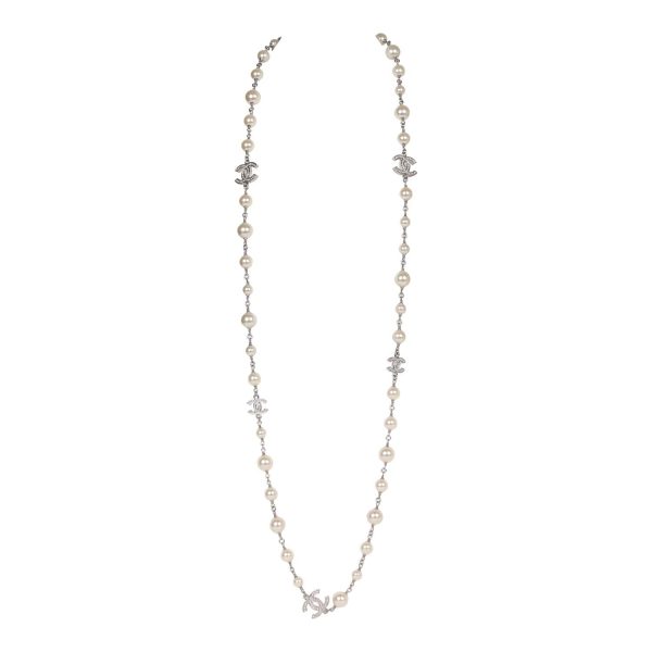 Chanel Silver Metal, White Strass, and White Pearl Logo Sautoir Necklace Fashion