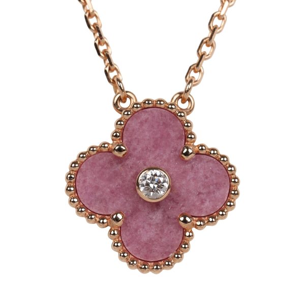 Van Cleef & Arpels 2021 Holiday Vintage Alhambra Rhodonite Pendant Necklace Rose Gold Hardware Online