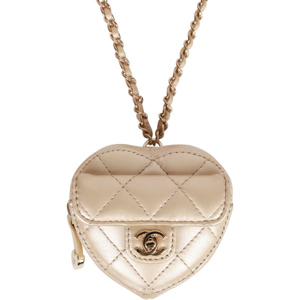 Chanel CC In Love Heart Necklace Bag Gold Lambskin Light Gold Hardware For Cheap