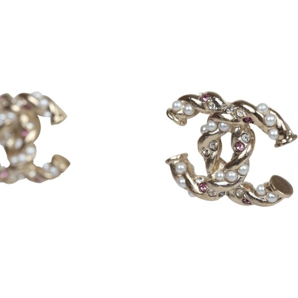 Chanel Twisted CC Light Pink and White Crystal and Pearl Earrings Gold Metal Hardware Online