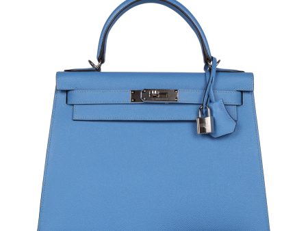 Pre-owned Hermes Kelly Sellier 28 Bleu Azur Epsom Palladium Hardware Fashion