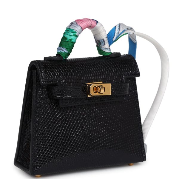 Hermes Mini Kelly Twilly Bag Charm Black Shiny Niloticus Lizard Gold Hardware Hot on Sale