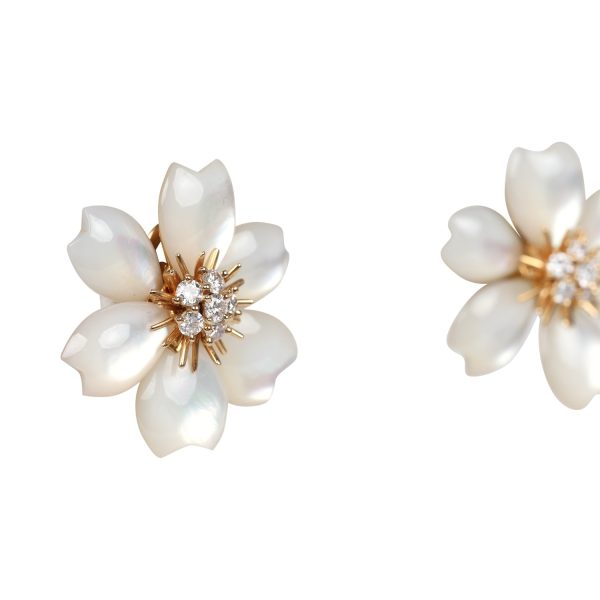 Pre-owned Van Cleef & Arpels Rose De Noel Small Earrings White Mother of Pearl Diamonds 18K Yellow Gold Hardware Online now