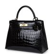 Hermes Kelly Sellier 28 Black Shiny Alligator Gold Hardware Fashion