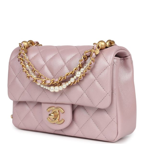 Chanel Mini Square Pearl Flap Bag Light Pink Iridescent Lambskin Brushed Gold Hardware Sale