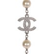 Chanel Silver Metal, White Strass, and White Pearl Logo Sautoir Necklace Fashion