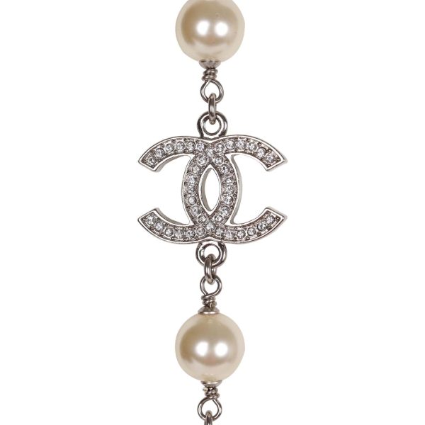 Chanel Silver Metal, White Strass, and White Pearl Logo Sautoir Necklace Fashion