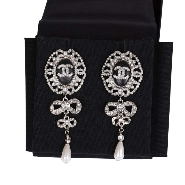 Chanel Silver Crystal and Pearl Pendant Drop Earrings For Cheap