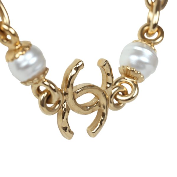 Chanel CC Gold Tone Metal Pearl Necklace Gold Hardware For Discount