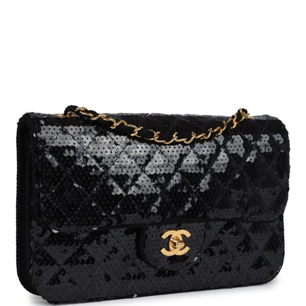 Vintage Chanel Small Flap Bag Black Sequin Gold Hardware on Sale