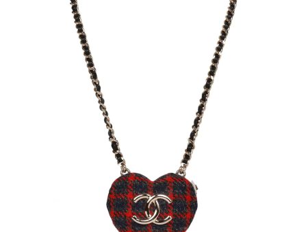 Chanel Red and Blue Plaid Heart Necklace Locket Light Gold Hardware Fashion