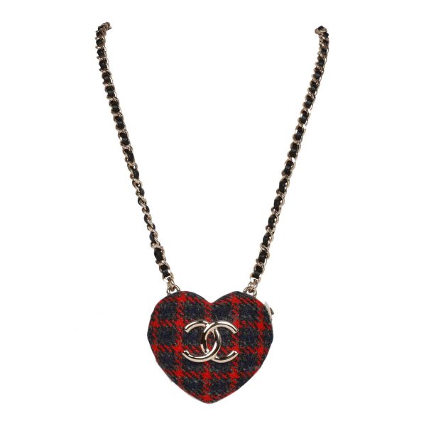 Chanel Red and Blue Plaid Heart Necklace Locket Light Gold Hardware Fashion