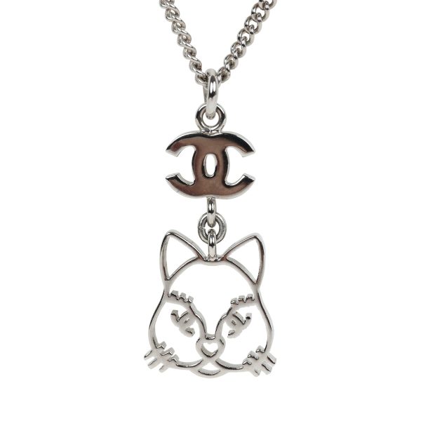 Chanel Silver CC Crystal Choupette Cat Emoji Pendant Necklace Hot on Sale