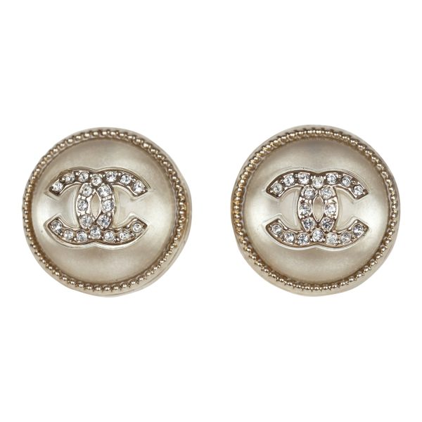 Chanel Crystal CC Round Pearl Button Earrings Light Gold Hardware Online