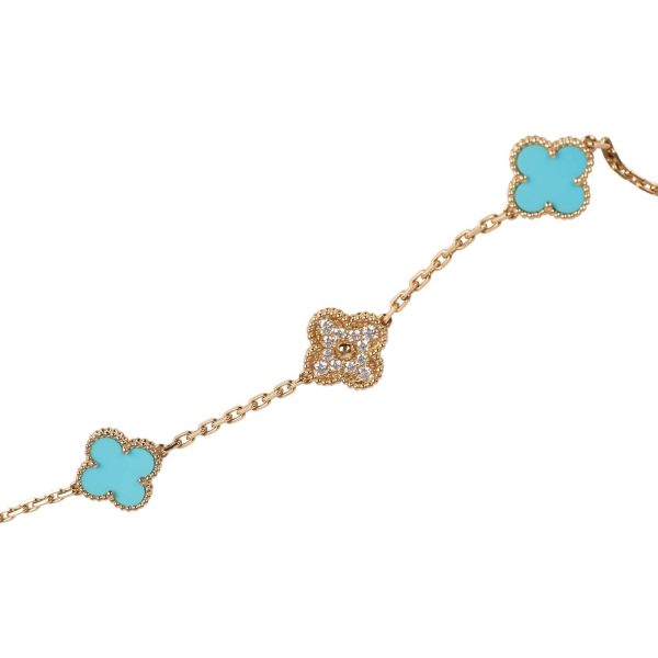 Van Cleef & Arpels Vintage Alhambra Diamond and Turquoise 20 Motif Necklace For Discount