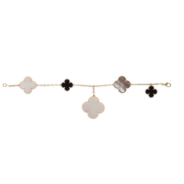 Van Cleef & Arpels Magic Alhambra 18k Gold 5 Motif Mother of Pearl and Onyx Bracelet on Sale